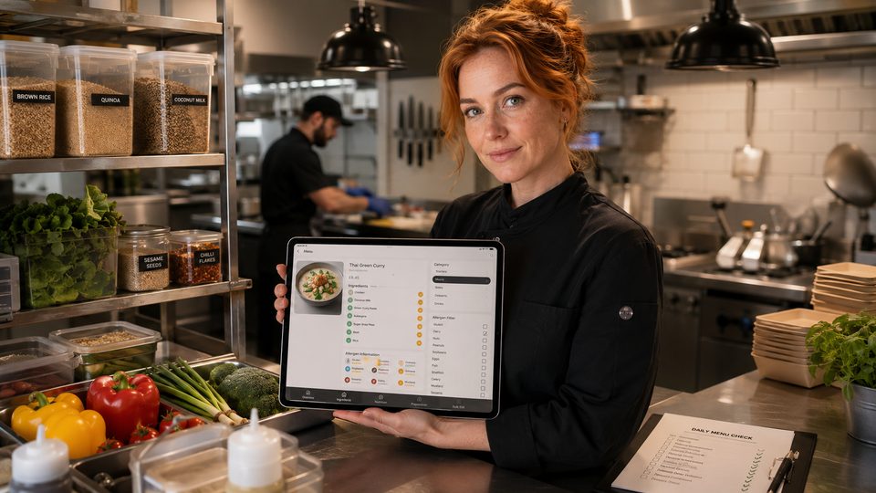 A kitchen manager checking digital allergen information
