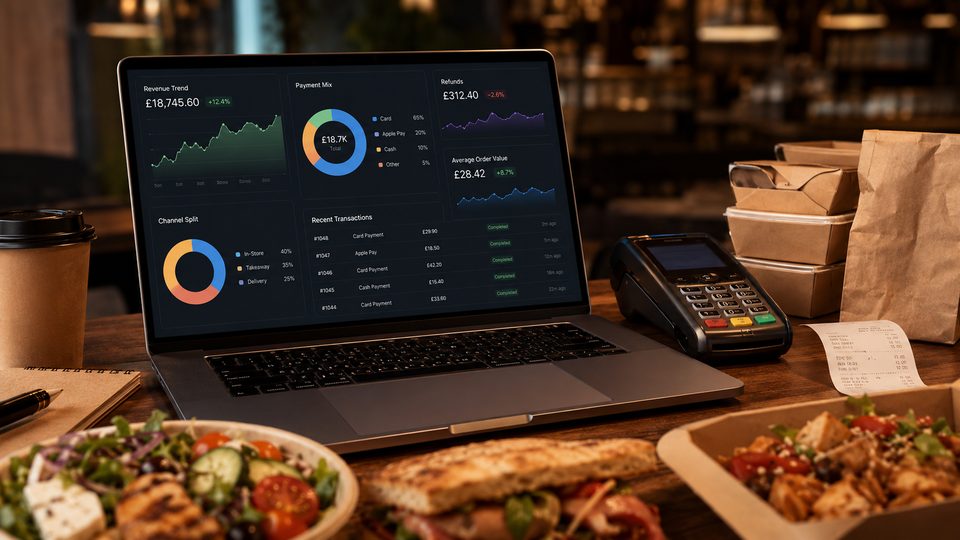 A restaurant analytics dashboard beside takeaway orders