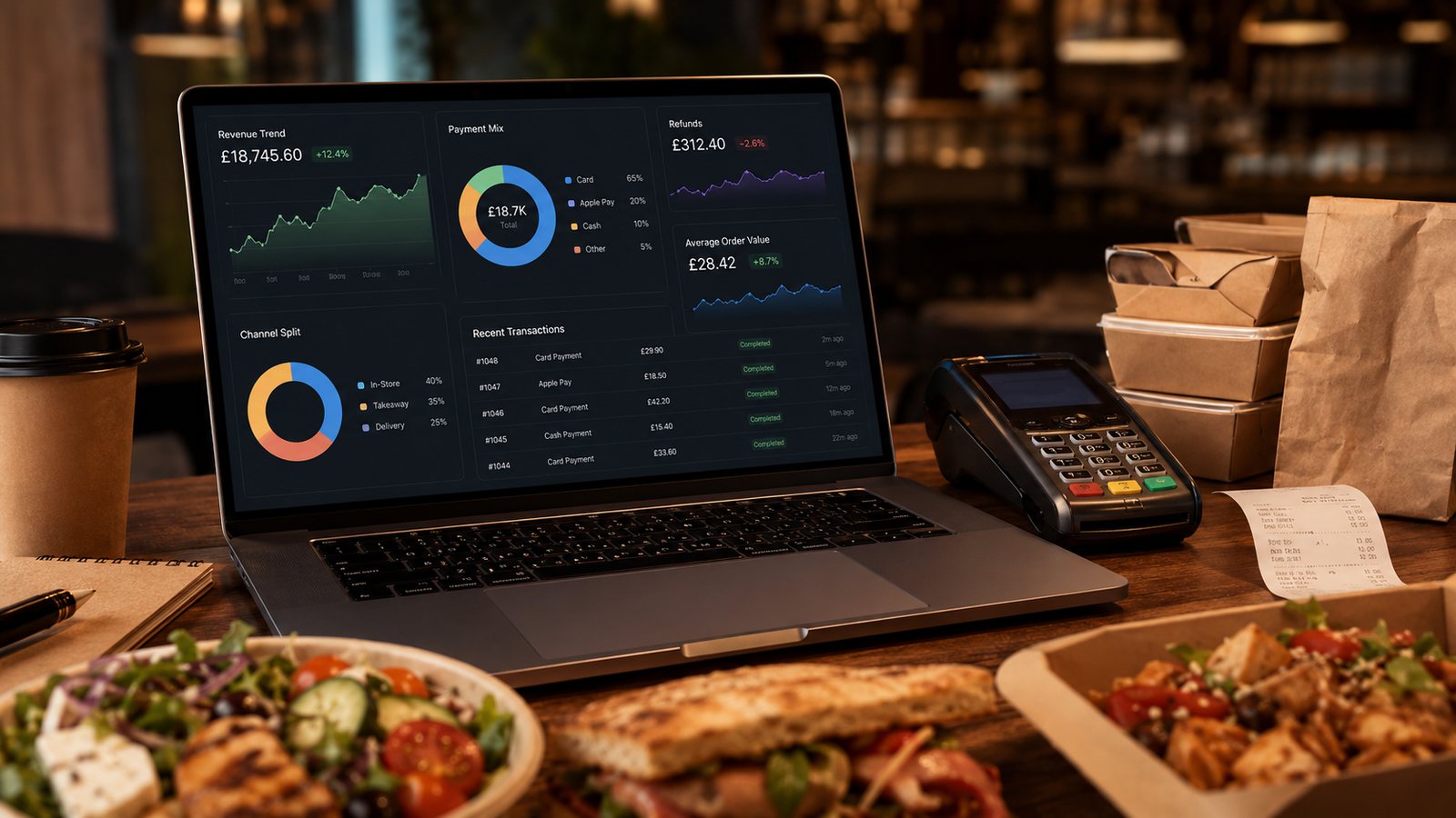 A restaurant analytics dashboard beside takeaway orders