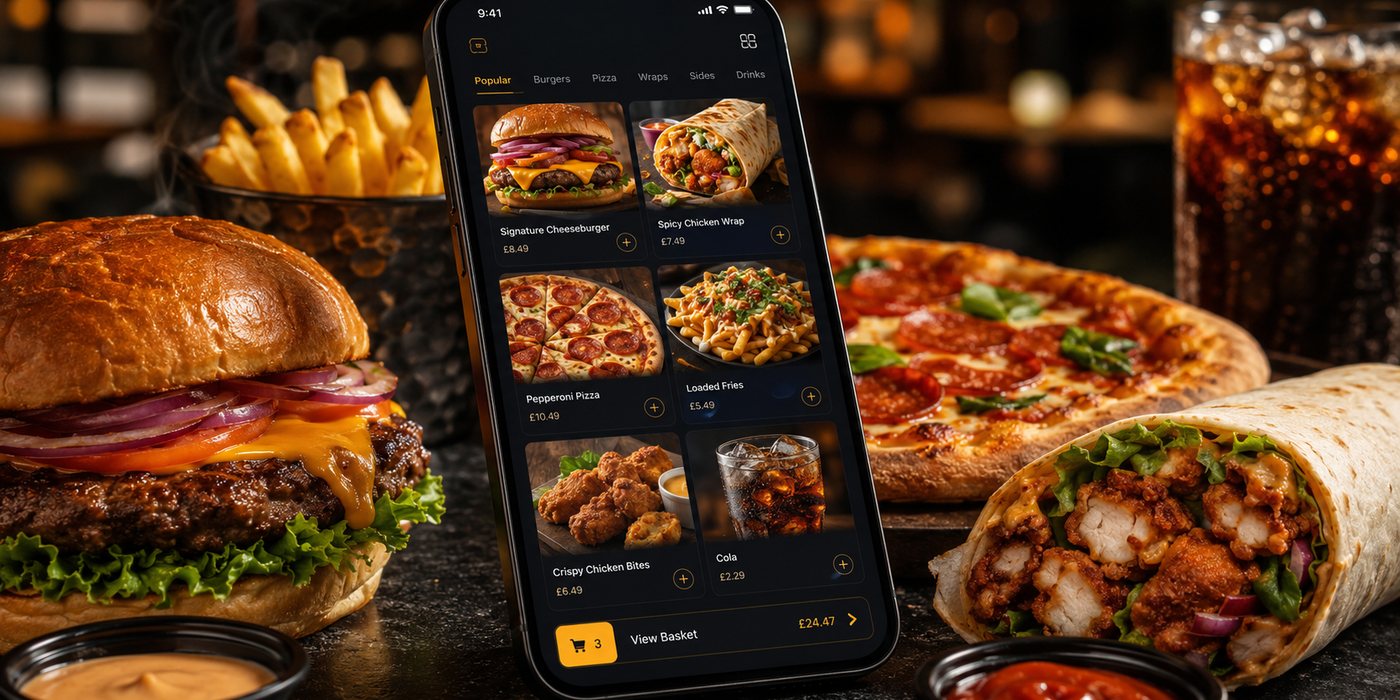 A mobile takeaway menu surrounded by freshly prepared food