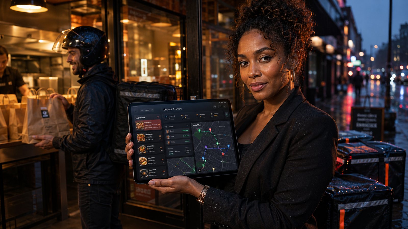 A delivery manager coordinating live routes outside a takeaway