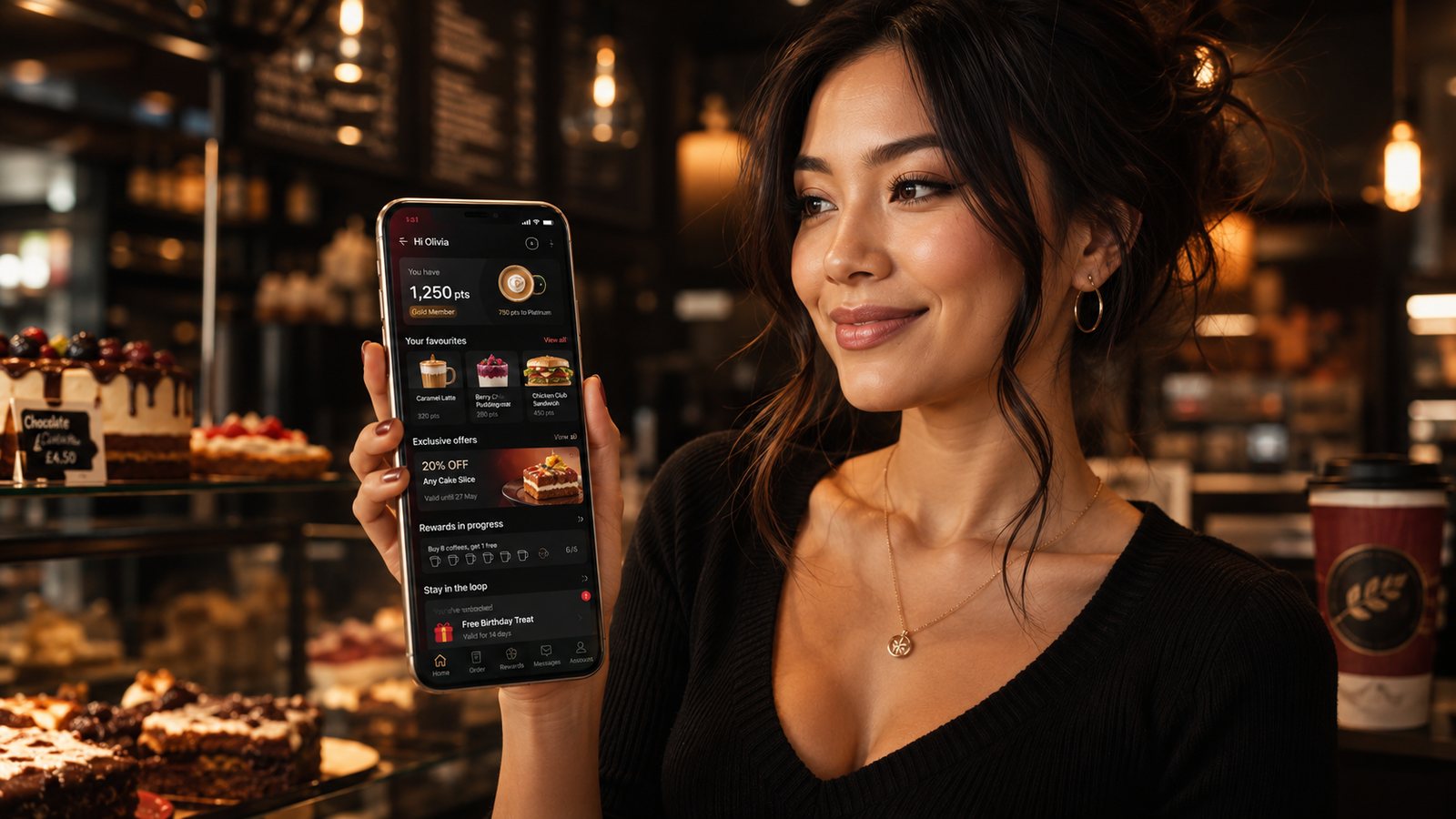 A customer viewing loyalty rewards in a cafe app