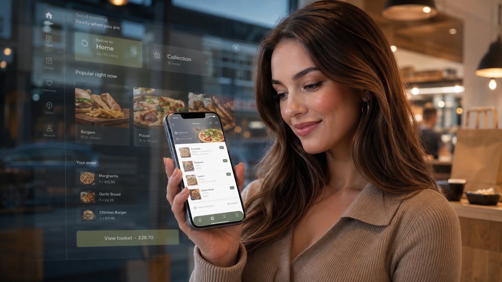 A takeaway app being used in a contemporary cafe