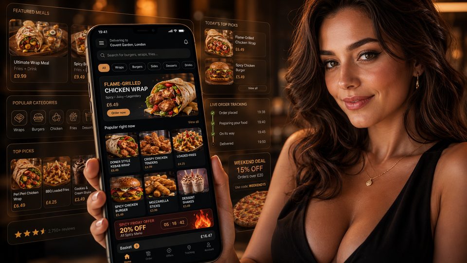 A modern takeaway ordering interface with burgers, wraps and pizza