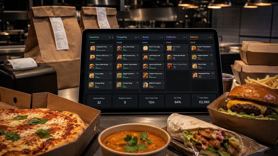 A kitchen order dashboard surrounded by prepared takeaway food