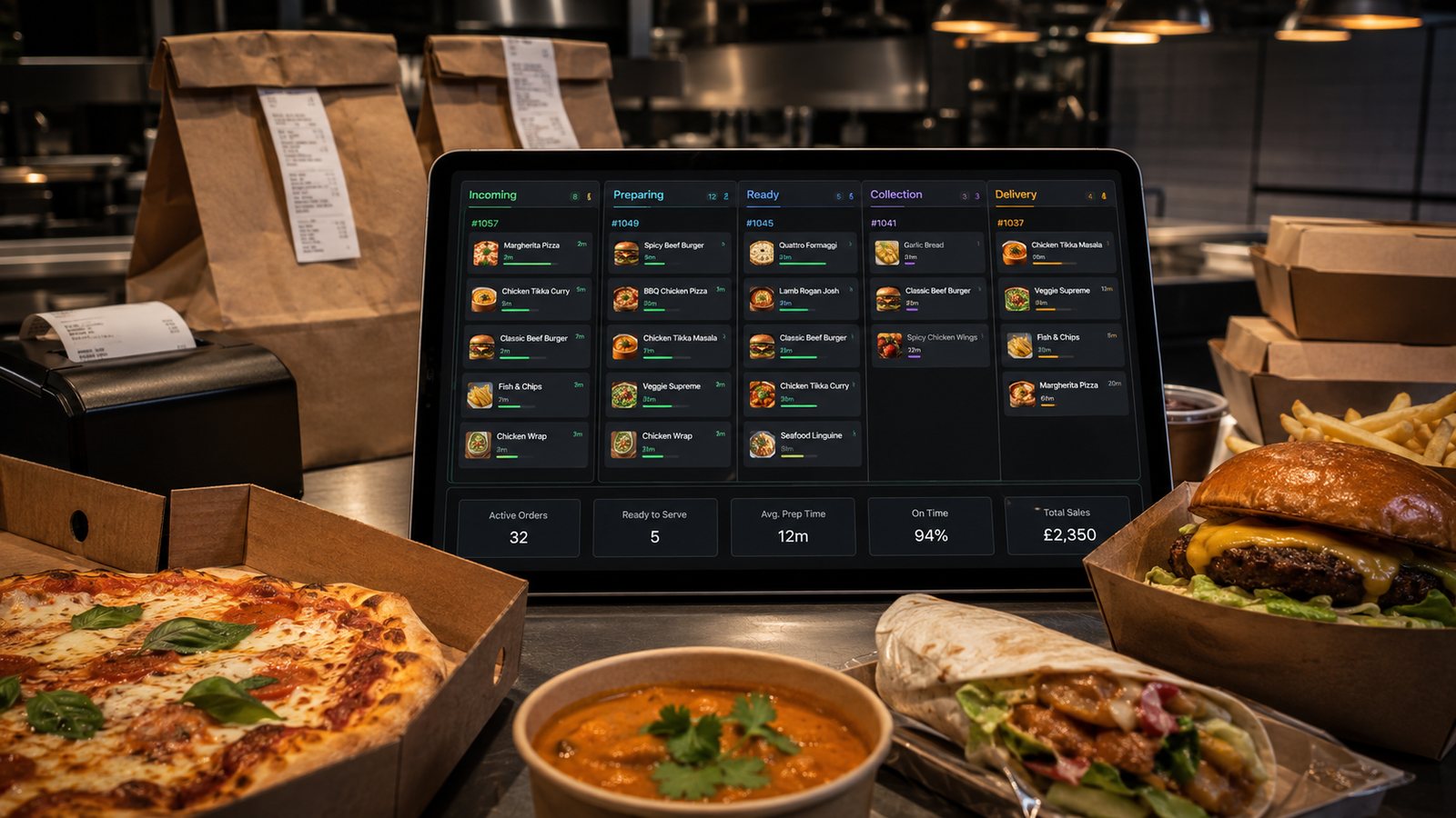 A kitchen order dashboard surrounded by prepared takeaway food