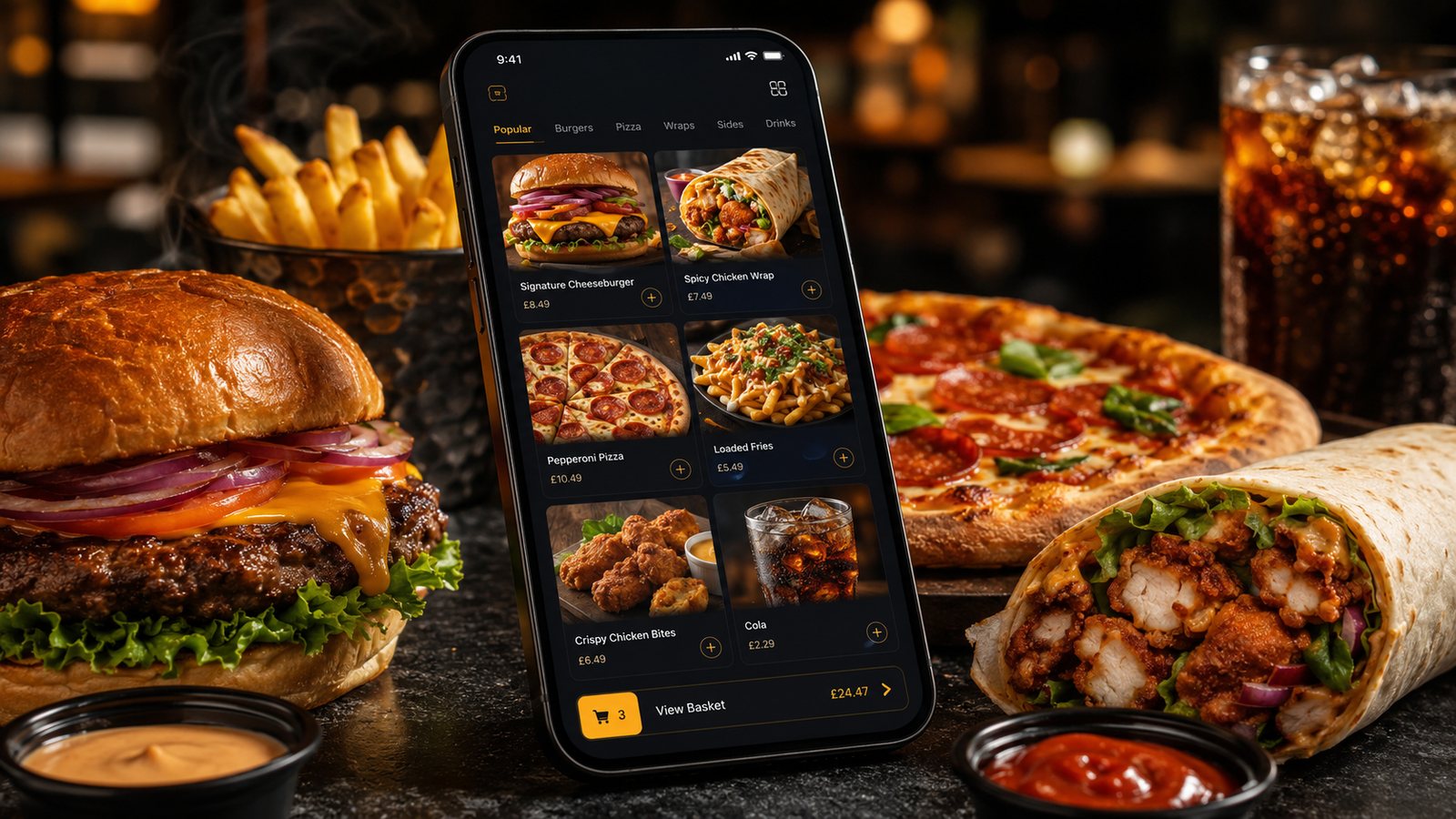 A close-up food ordering app surrounded by takeaway dishes
