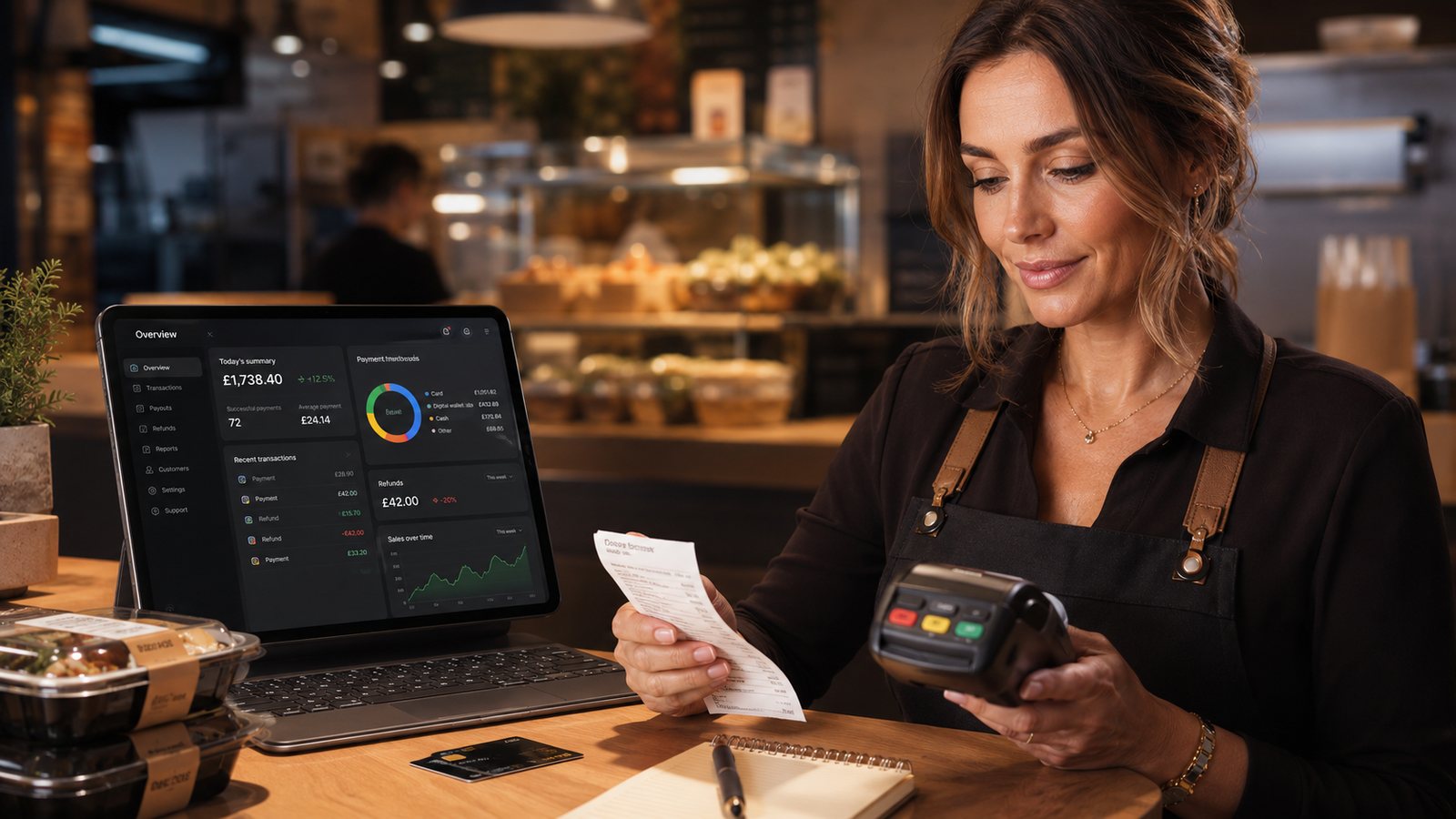 A takeaway owner reconciling payments and receipts