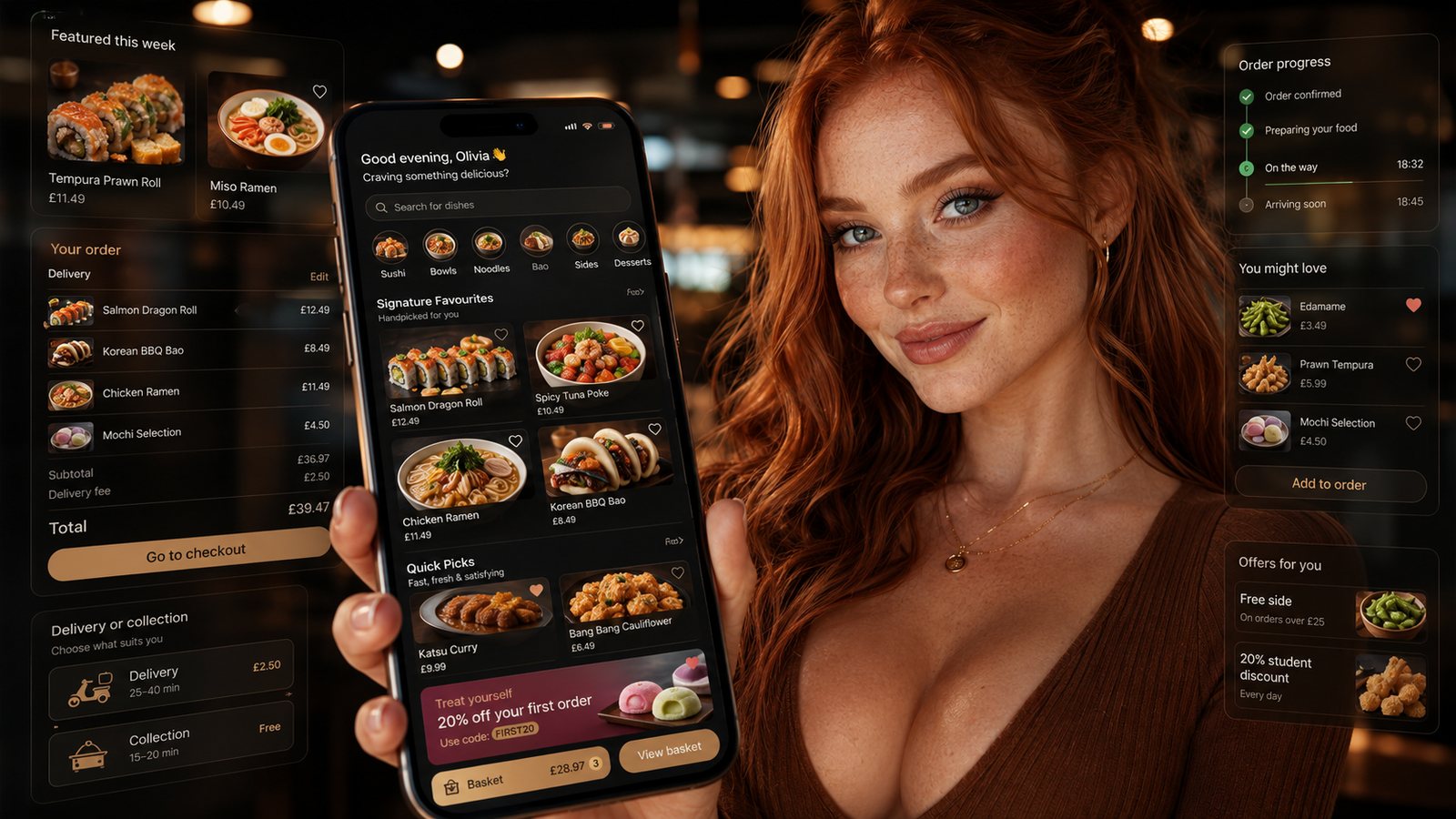 A modern restaurant app showing a varied food menu